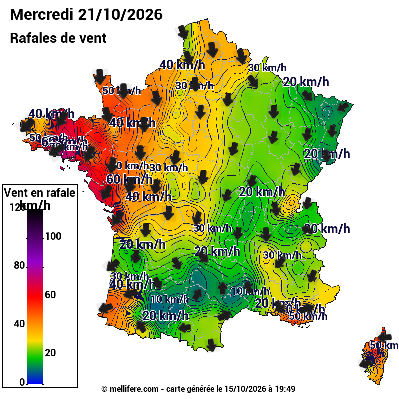Prévision Vents et rafales 21/10