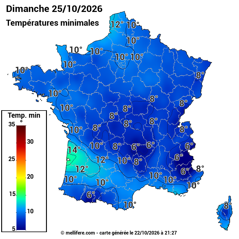 Prévision Températures mini 25/10