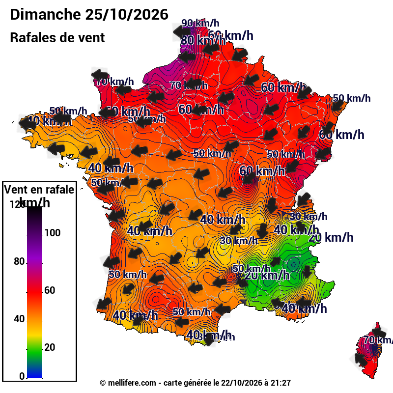 Prévision Vents et rafales 25/10