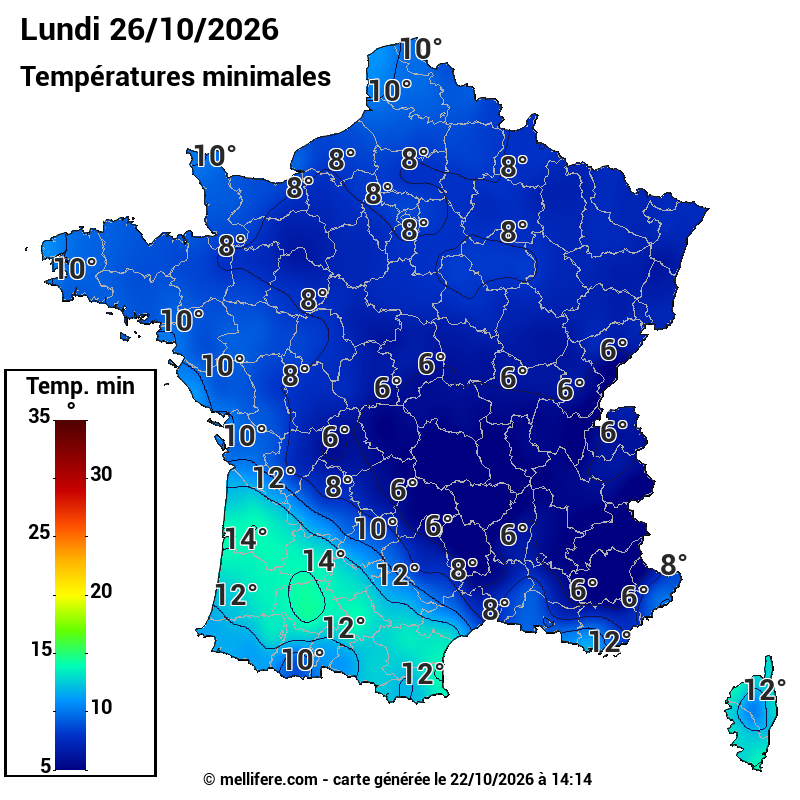 Prévision Températures mini 26/10
