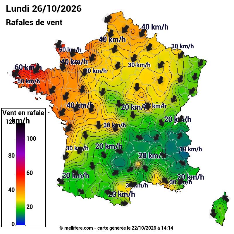 Prévision Vents et rafales 26/10