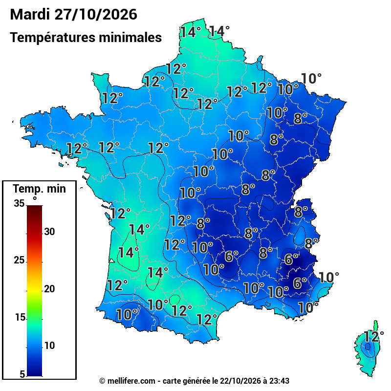 Prévision Températures mini 27/10